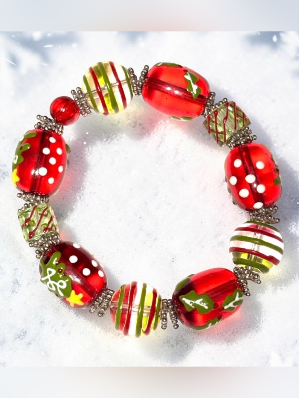 Christmas Lampwork Glass Bead Stretch Bracelet Red Green Holly Polka Dot Stripe